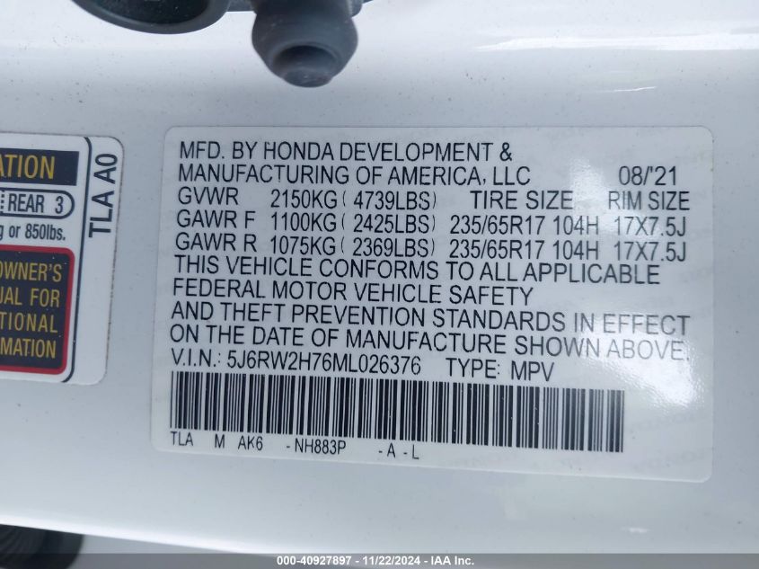 2021 Honda Cr-V Awd Special Edition VIN: 5J6RW2H76ML026376 Lot: 40927897