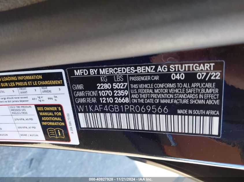 2023 Mercedes-Benz C 300 Sedan VIN: W1KAF4GB1PR069566 Lot: 40927928