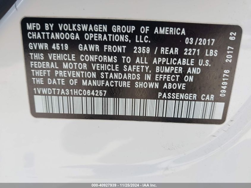 VIN 1VWDT7A31HC064257 2017 Volkswagen Passat, 1.8T... no.9