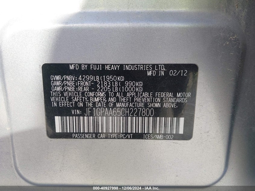 2012 SUBARU IMPREZA VIN: JF1GPAA65CH227800
