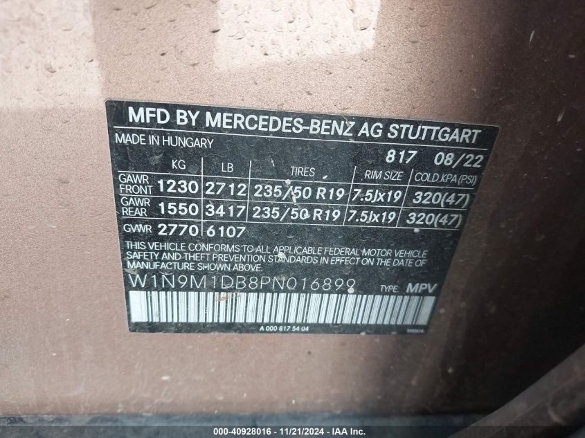 2023 Mercedes-Benz Eqb 350 Suv 4Matic VIN: W1N9M1DB8PN016899 Lot: 40928016