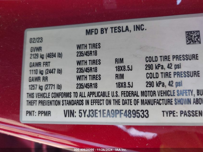 VIN 5YJ3E1EA9PF489533 2023 Tesla Model 3, Rear-Whee... no.9