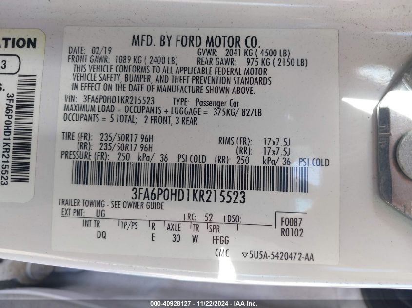 2019 FORD FUSION VIN: 3FA6P0HD1KR215523