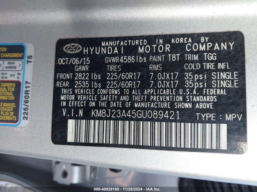 VIN KM8J23A45GU089421 2016 Hyundai Tucson, SE no.9