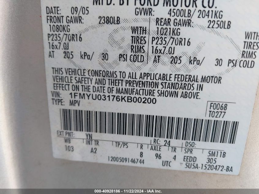 2006 Ford Escape Xlt/Xlt Sport VIN: 1FMYU03176KB00200 Lot: 40928186