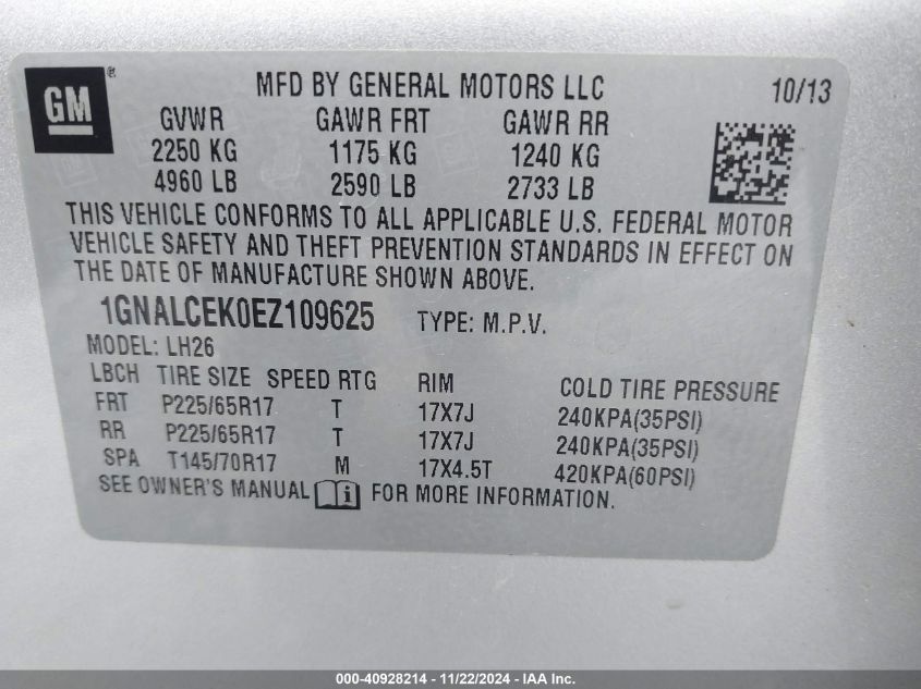 2014 CHEVROLET EQUINOX LT - 1GNALCEK0EZ109625