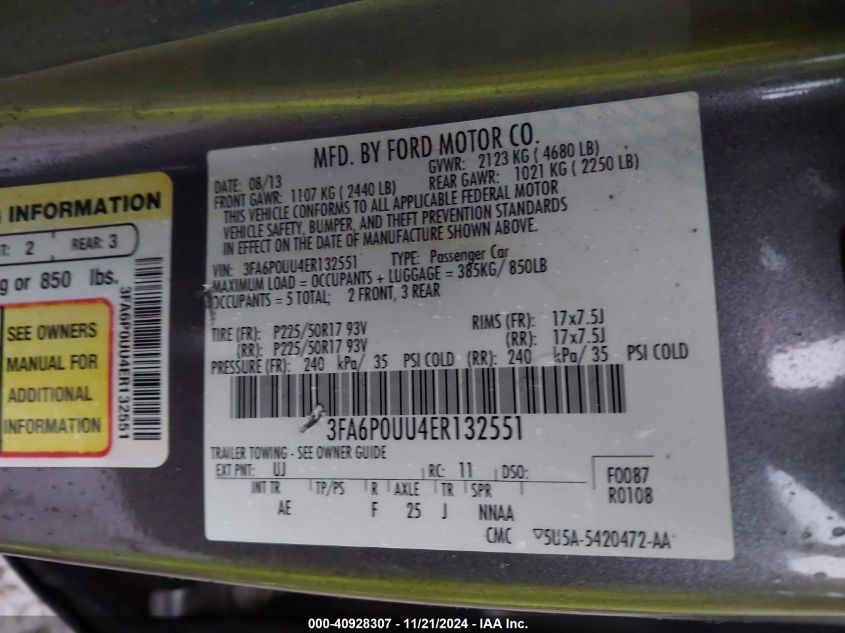 2014 Ford Fusion Hybrid S VIN: 3FA6P0UU4ER132551 Lot: 40928307