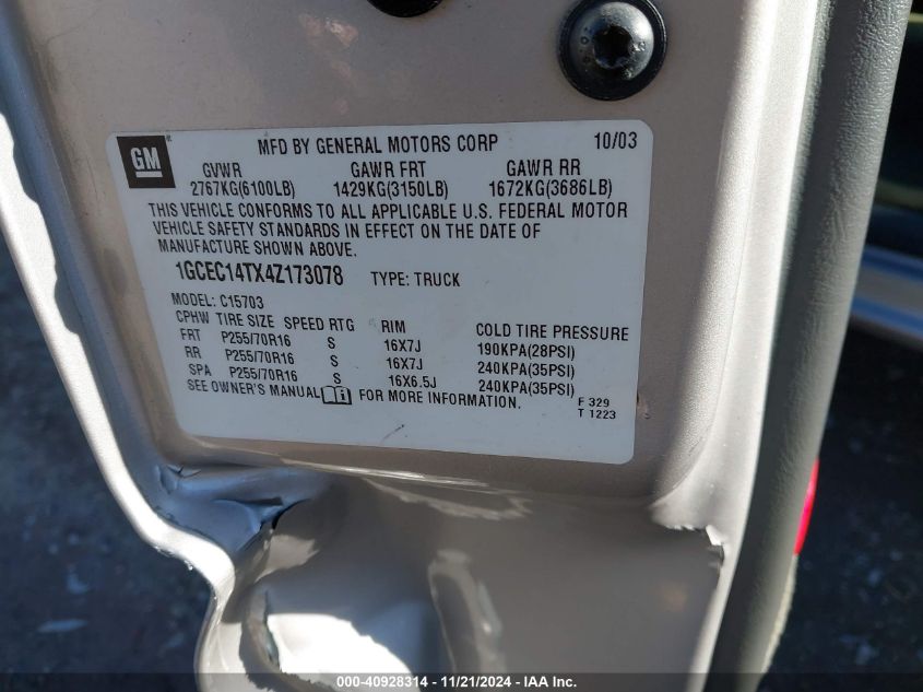 2004 Chevrolet Sc1 VIN: 1GCE14TX4Z173078 Lot: 40928314