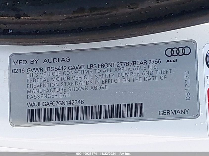 2016 Audi A6 3.0T Premium Plus VIN: WAUHGAFC2GN142348 Lot: 40928374