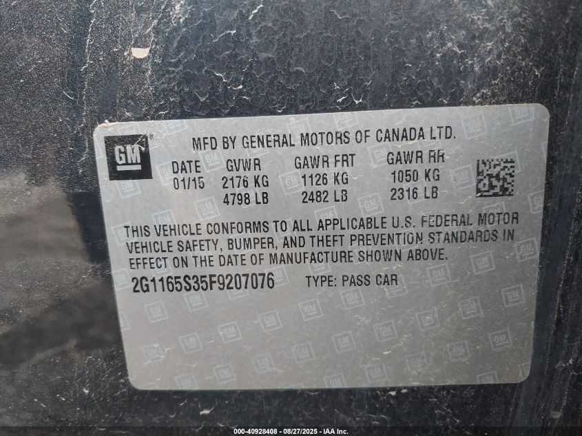 2015 Chevrolet Impala VIN: X2G165S35F9207076 Lot: 40928408