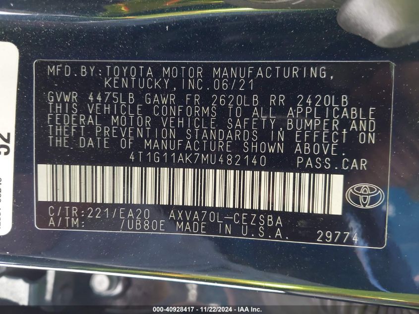 VIN 4T1G11AK7MU482140 2021 Toyota Camry, SE no.9