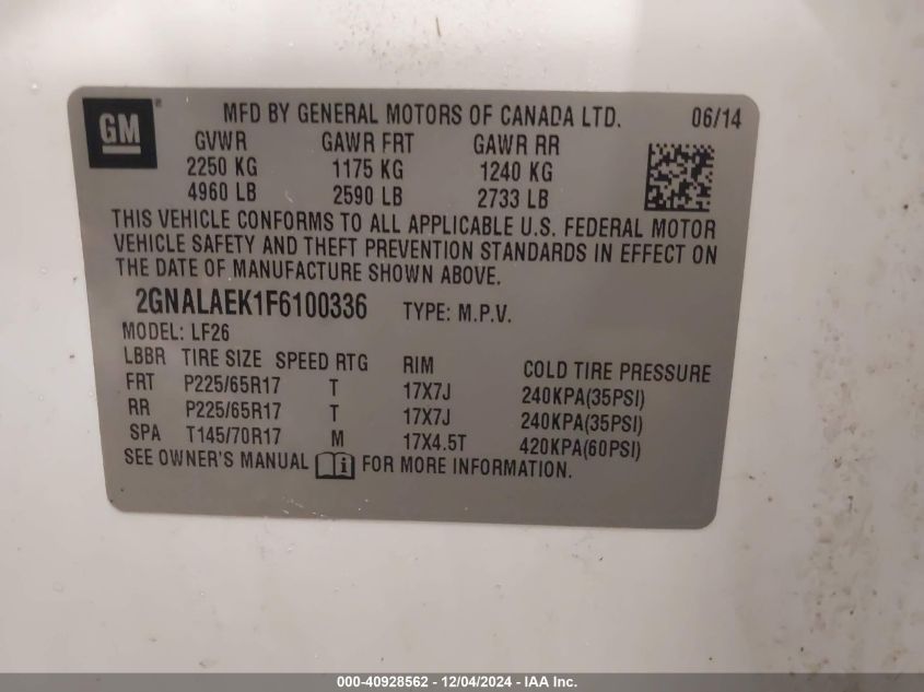 VIN 2GNALAEK1F6100336 2015 Chevrolet Equinox, LS no.9