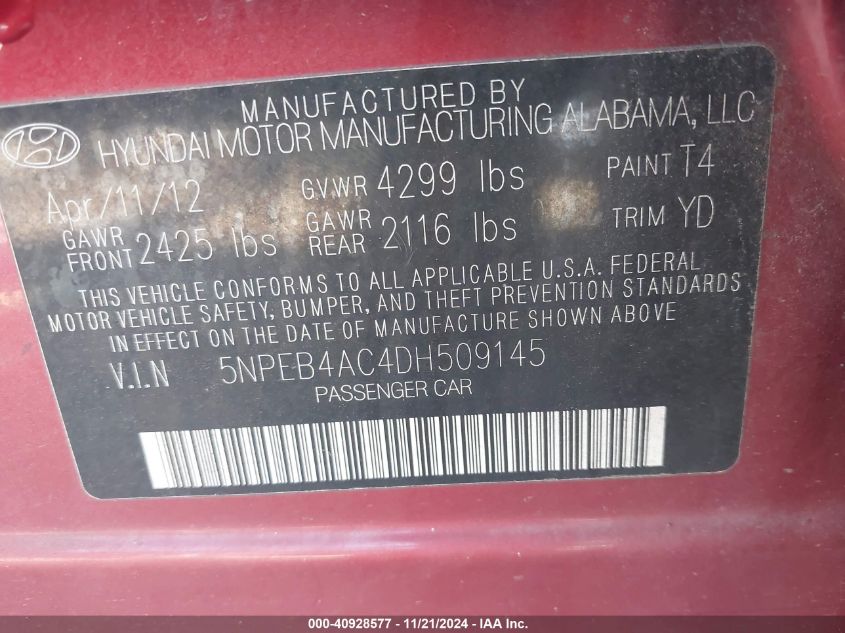 2013 HYUNDAI SONATA GLS - 5NPEB4AC4DH509145