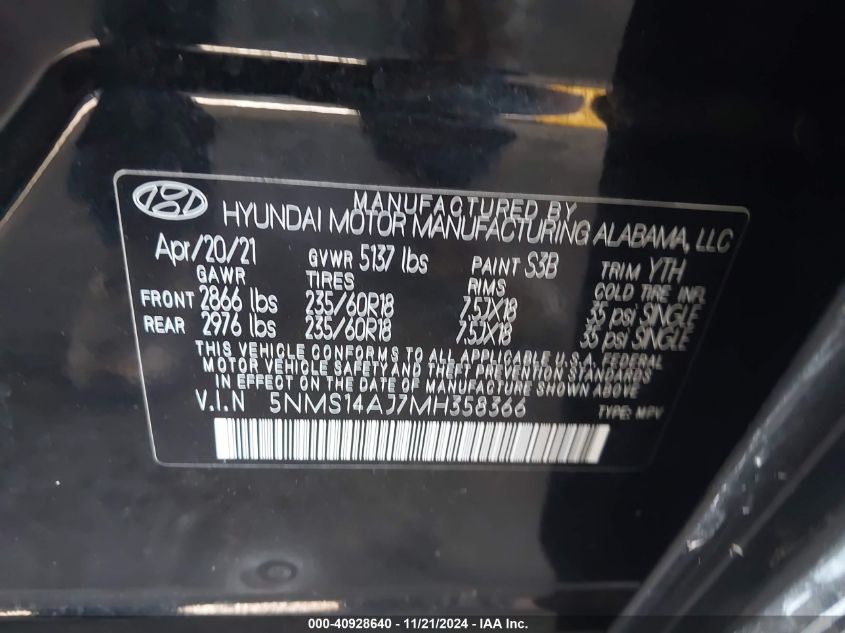 2021 Hyundai Santa Fe Se VIN: 5NMS14AJ7MH358366 Lot: 40928640