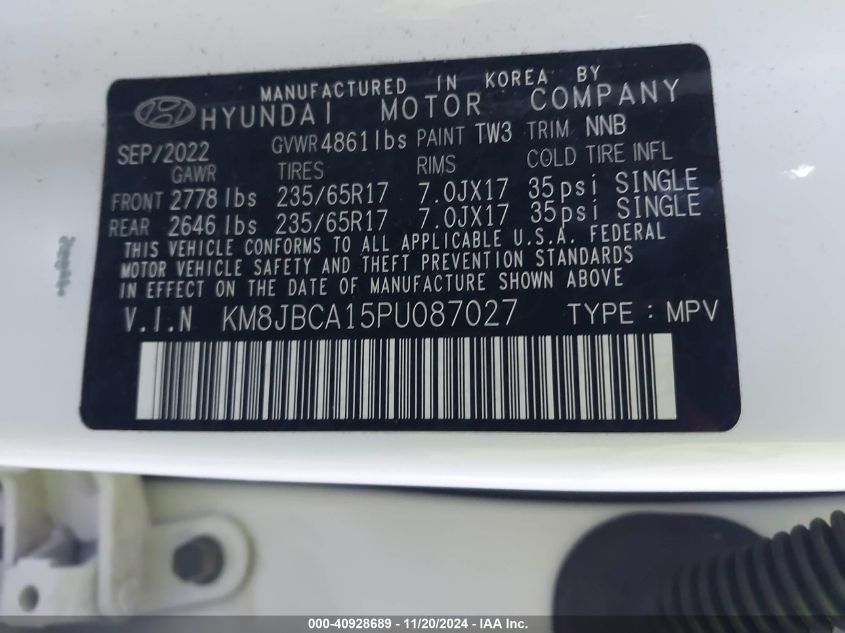 2023 Hyundai Tucson Hybrid Blue VIN: KM8JBCA15PU087027 Lot: 40928689