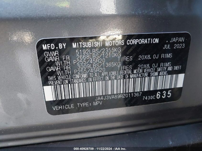 2024 Mitsubishi Outlander Se Black Edition S-Awc VIN: JA4J3VA89RZ011367 Lot: 40928709