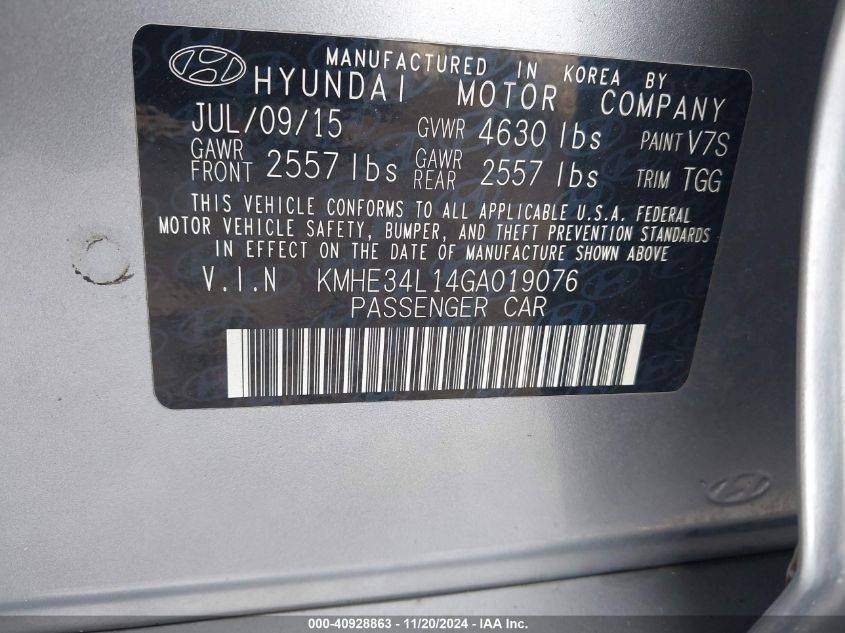 2016 Hyundai Sonata Hybrid Limited VIN: KMHE34L14GA019076 Lot: 40928863