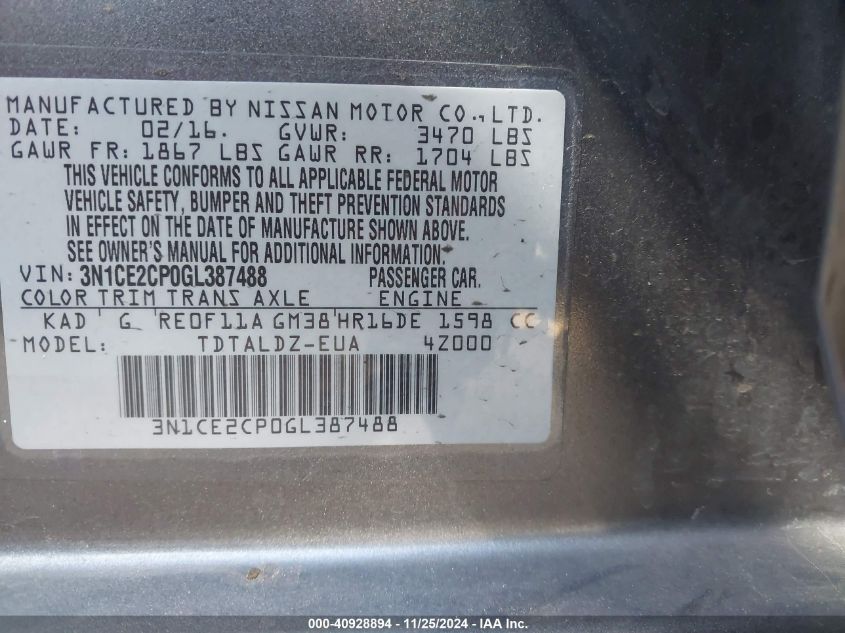 VIN 3N1CE2CP0GL387488 2016 Nissan Versa, Note SV no.9