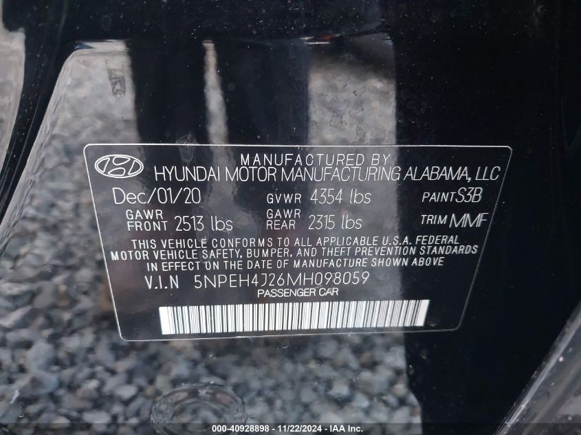 2021 Hyundai Sonata Limited VIN: 5NPEH4J26MH098059 Lot: 40928898