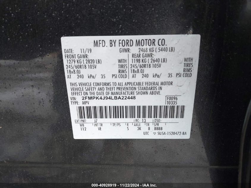 2020 Ford Edge Sel VIN: 2FMPK4J94LBA22448 Lot: 40928919