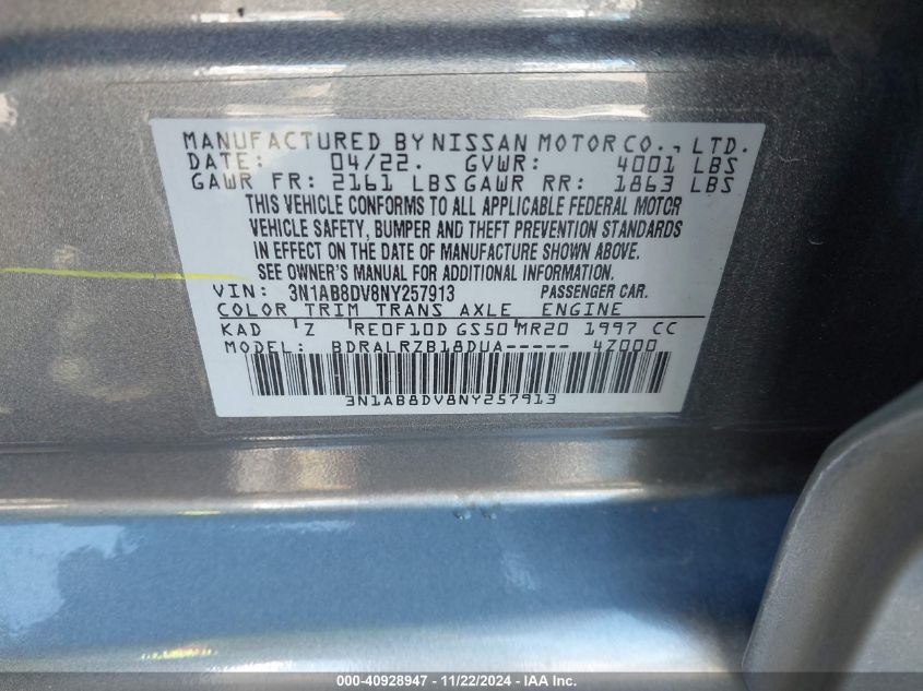 2022 Nissan Sentra Sr Xtronic Cvt VIN: 3N1AB8DV8NY257913 Lot: 40928947