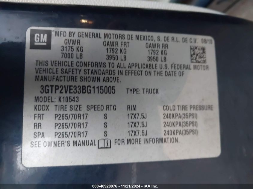 2011 GMC SIERRA 1500 VIN: 3GTP2VE33BG115005