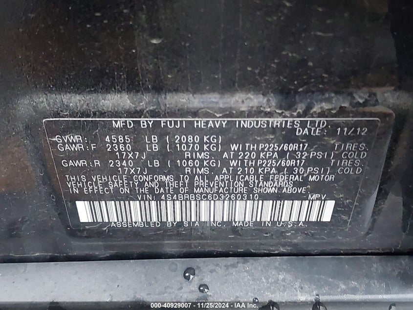 2013 SUBARU OUTBACK 2.5I LIMITED - 4S4BRBSC6D3260310