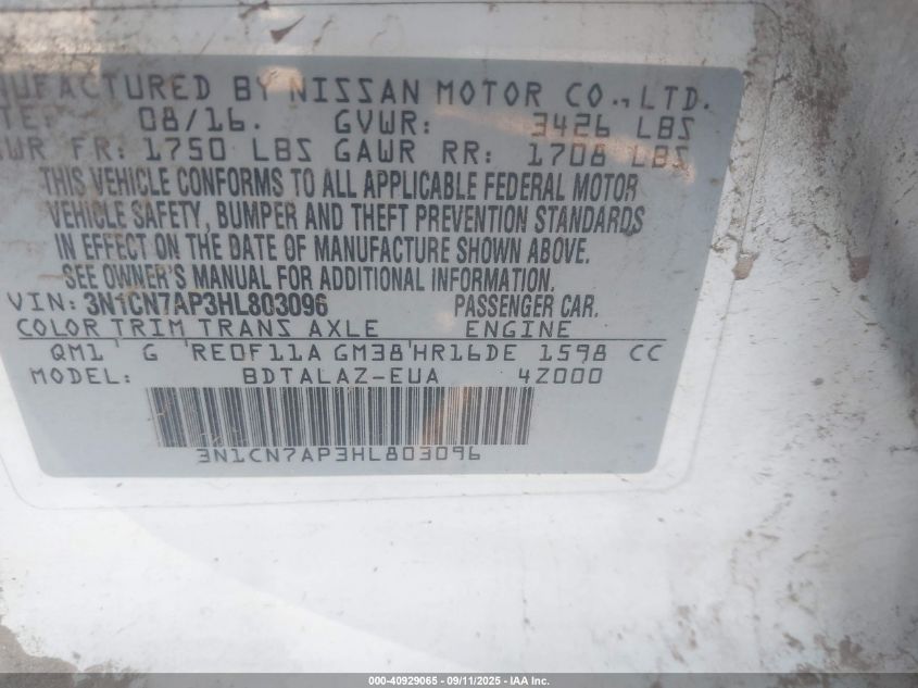 2017 Nissan Versa 1.6 S+ VIN: 3N1CN7AP3HL803096 Lot: 40929065