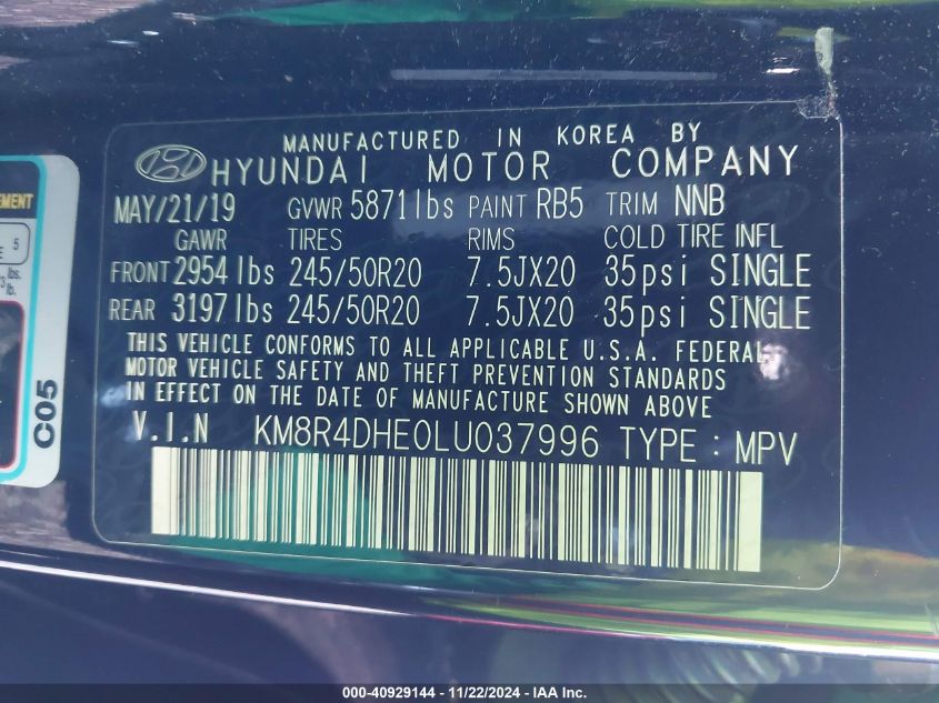 2020 Hyundai Palisade Sel VIN: KM8R4DHE0LU037996 Lot: 40929144