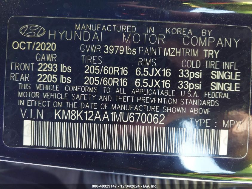 2021 Hyundai Kona Se VIN: KM8K12AA1MU670062 Lot: 40929147