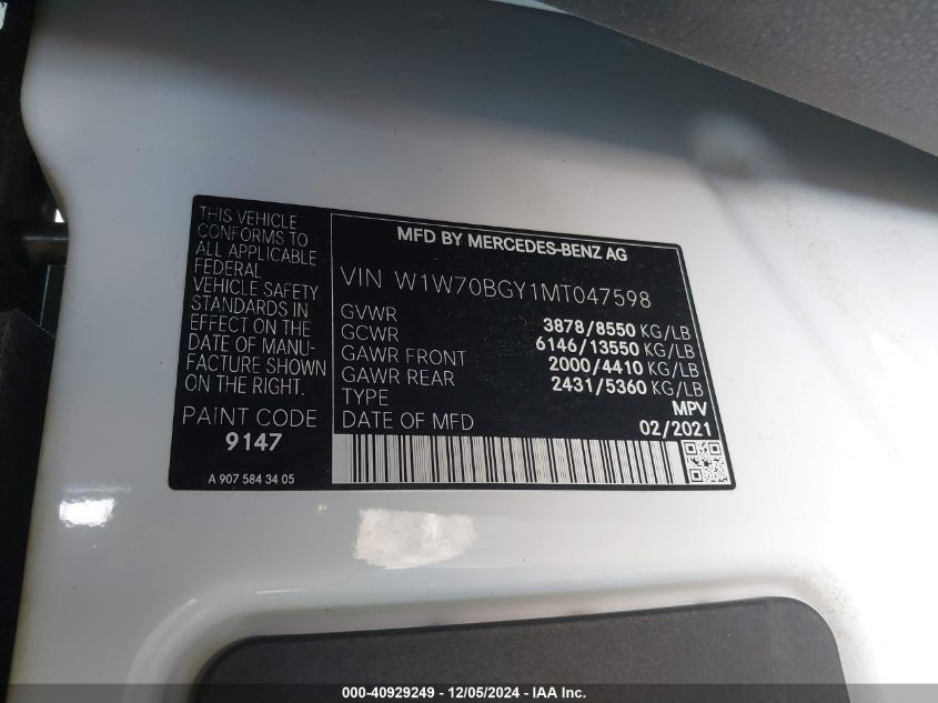 2021 Mercedes-Benz Sprinter 1500 Standard Roof I4 VIN: W1W70BGY1MT047598 Lot: 40929249