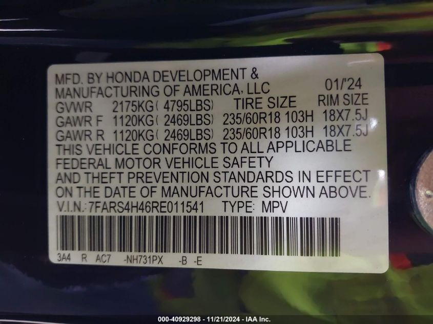 2024 Honda Cr-V Ex Awd VIN: 7FARS4H46RE011541 Lot: 40929298