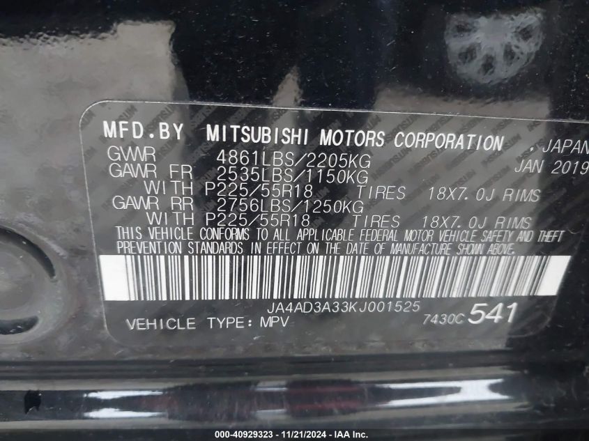 VIN JA4AD3A33KJ001525 2019 Mitsubishi Outlander, Sel no.9