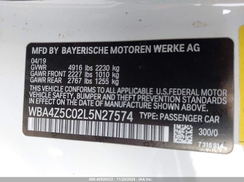 2020 BMW 440I VIN: WBA4Z5C02L5N27574 Lot: 40929332