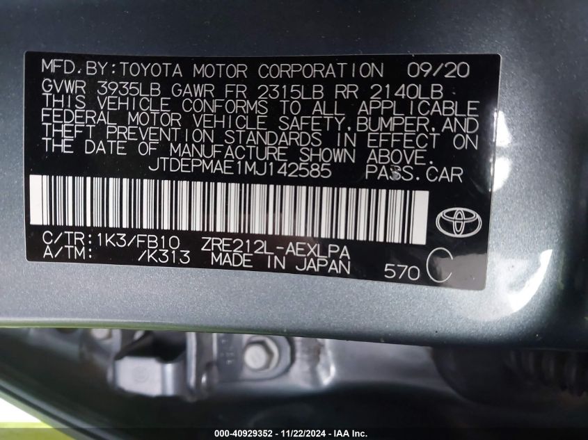 2021 Toyota Corolla Le VIN: JTDEPMAE1MJ142585 Lot: 40929352