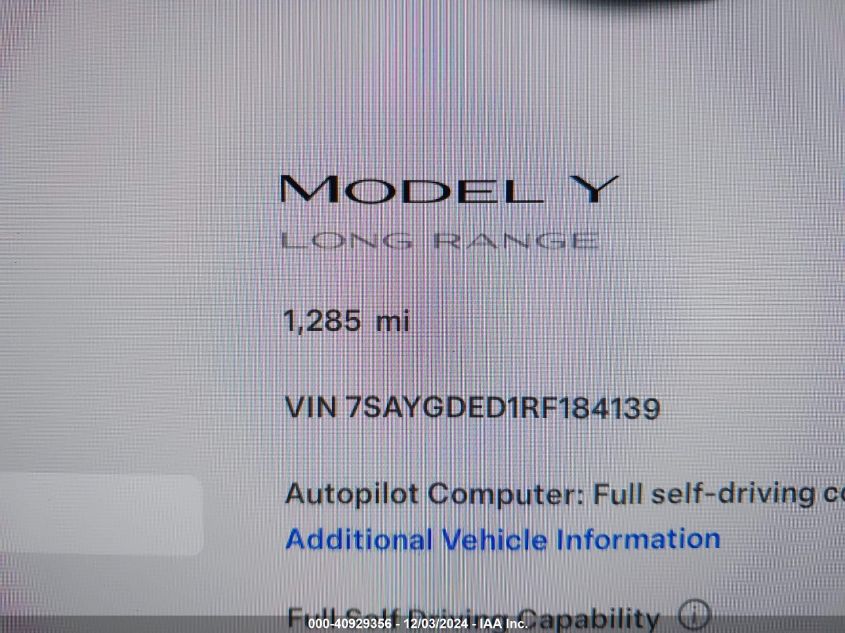 2024 Tesla Model Y Long Range Dual Motor All-Wheel Drive/Rwd VIN: 7SAYGDED1RF184139 Lot: 40929356