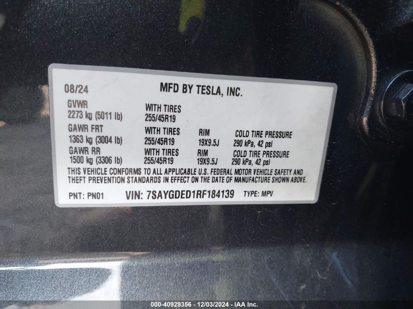 2024 Tesla Model Y Long Range Dual Motor All-Wheel Drive/Rwd VIN: 7SAYGDED1RF184139 Lot: 40929356