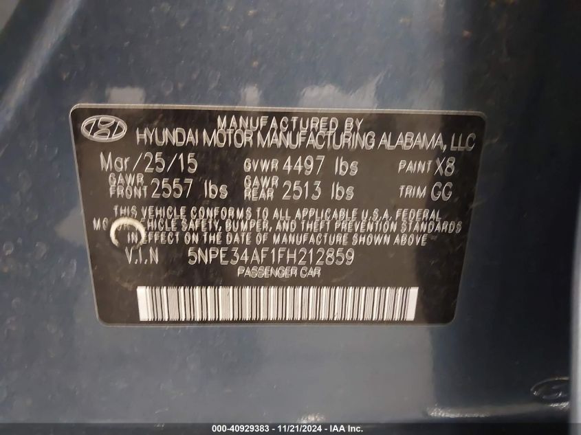 2015 Hyundai Sonata Sport VIN: 5NPE34AF1FH212859 Lot: 40929383