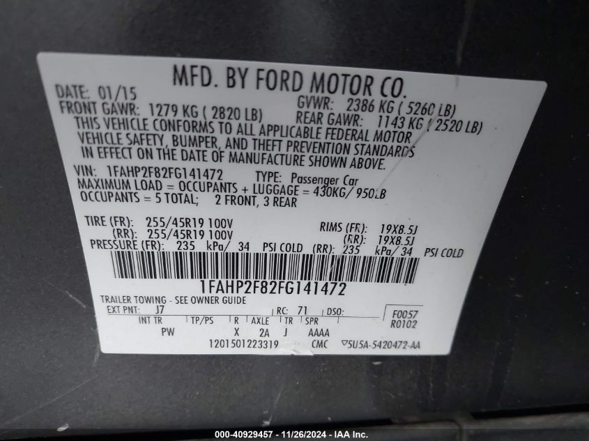 VIN 1FAHP2F82FG141472 2015 Ford Taurus, Limited no.9