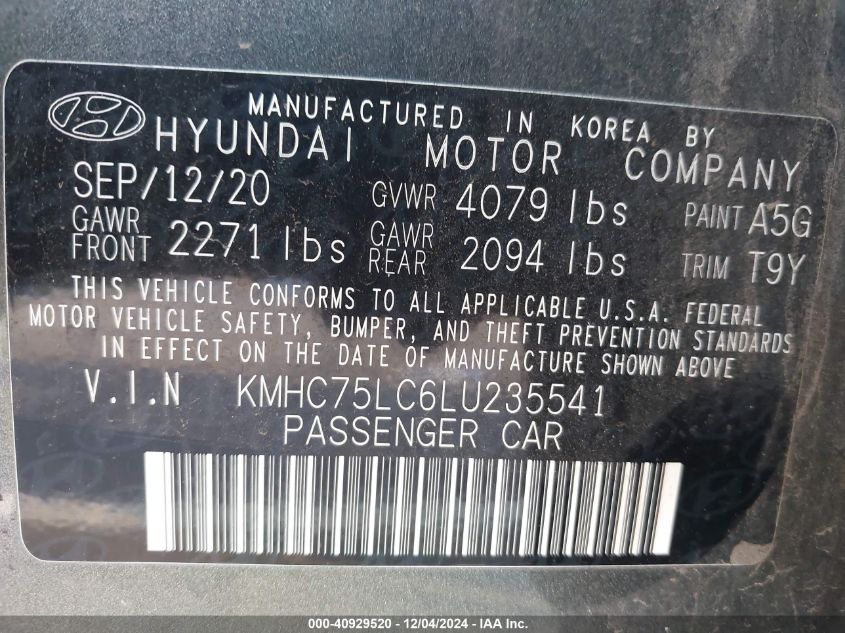 2020 Hyundai Ioniq Hybrid Se VIN: KMHC75LC6LU235541 Lot: 40929520