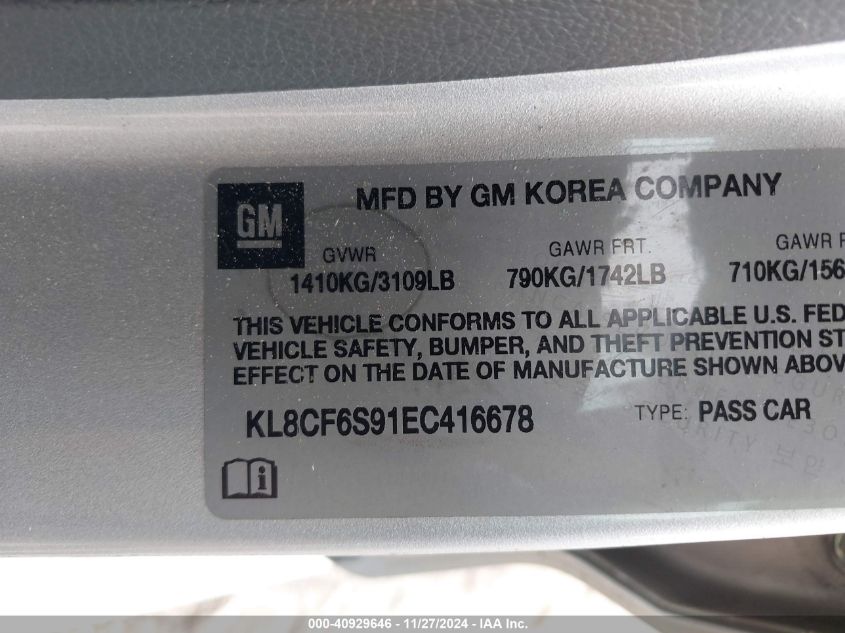 2014 Chevrolet Spark 2Lt Auto VIN: KL8CF6S91EC416678 Lot: 40929646