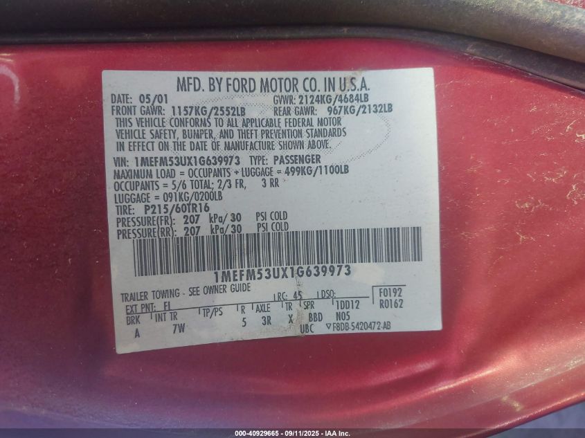 2001 Mercury Sable Ls VIN: 1MEFM53UX1G639973 Lot: 40929665