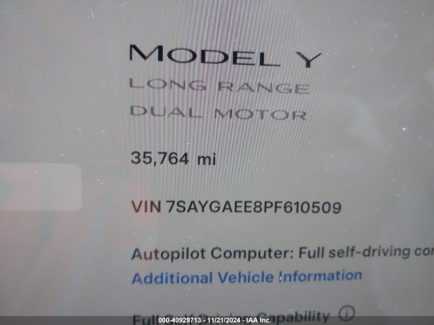 2023 Tesla Model Y Awd/Long Range Dual Motor All-Wheel Drive VIN: 7SAYGAEE8PF610509 Lot: 40929713