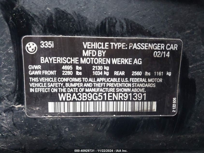 VIN WBA3B9G51ENR91391 2014 BMW 335I no.9