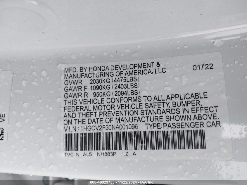 2022 Honda Accord Sport 2.0T VIN: 1HGCV2F30NA001096 Lot: 40929753