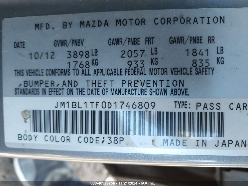 2013 Mazda Mazda3 I Sv VIN: JM1BL1TF0D1746809 Lot: 40929756