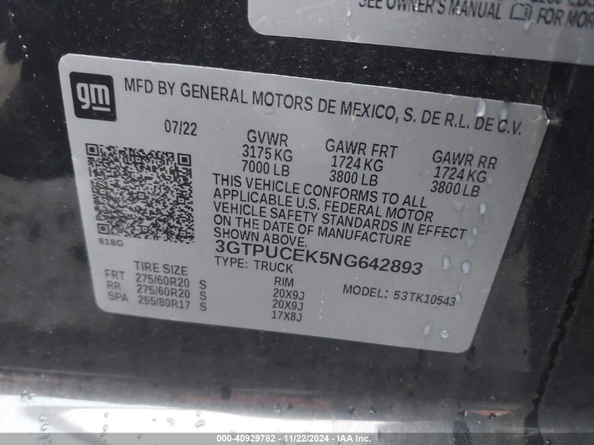 2022 GMC Sierra 1500 4Wd Short Box Elevation With 3Sb VIN: 3GTPUCEK5NG642893 Lot: 40929782