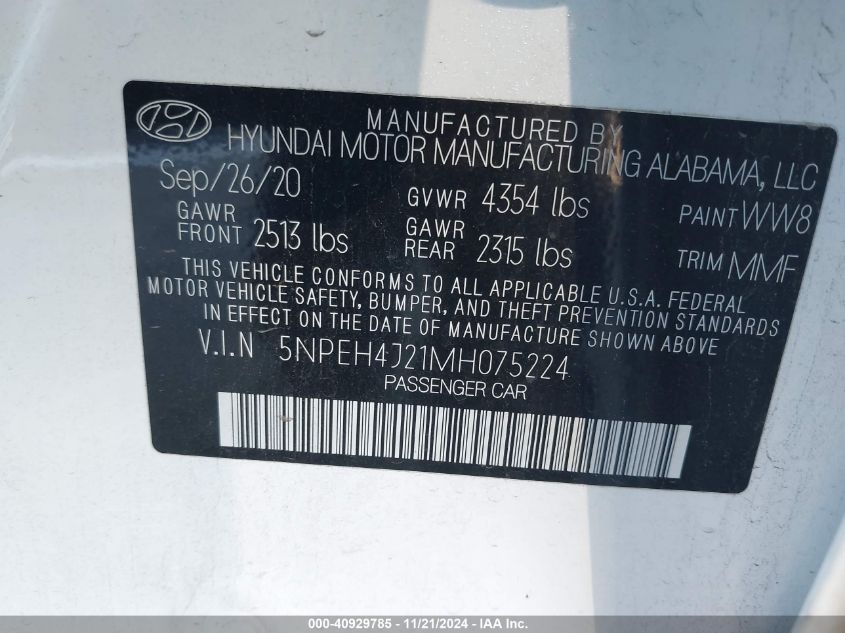 2021 Hyundai Sonata Limited VIN: 5NPEH4J21MH075224 Lot: 40929785