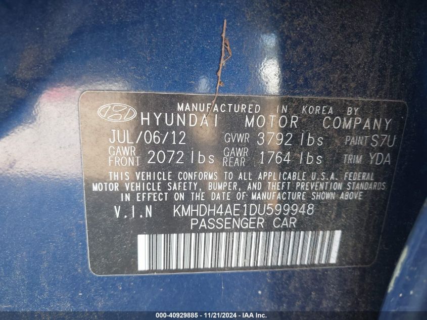 2013 Hyundai Elantra Gls VIN: KMHDH4AE1DU599948 Lot: 40929885