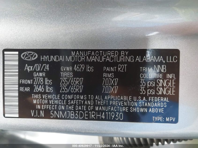 VIN 5NMJB3DE1RH411930 2024 Hyundai Tucson, Sel no.9